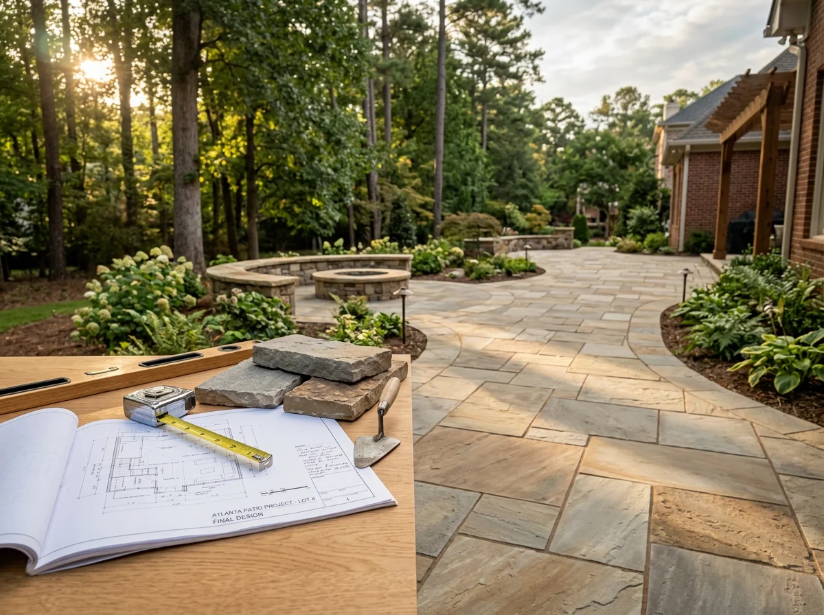Outdoor living construction site showing completed patio and hardscape installation with design materials and tools.