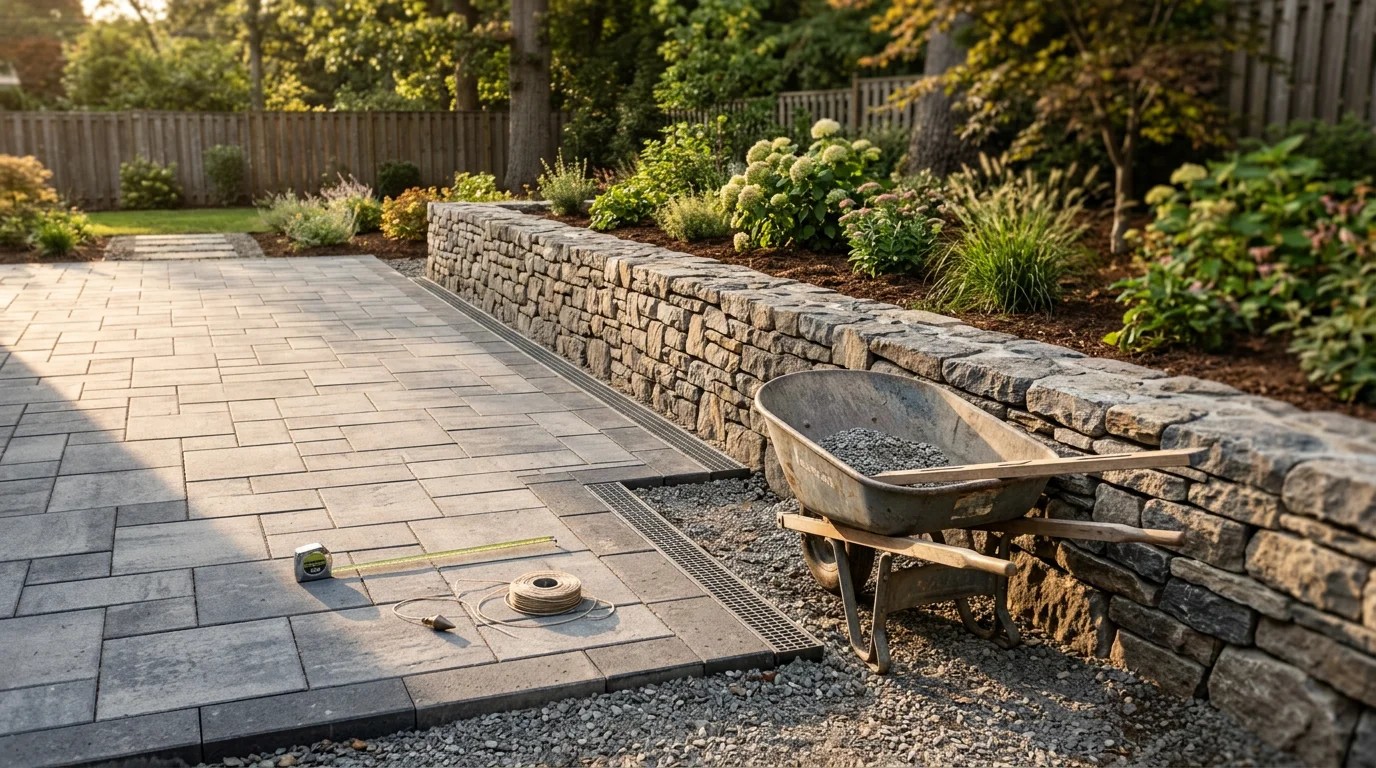 Modern backyard renovation featuring new patio, retaining wall, and landscaping in residential setting