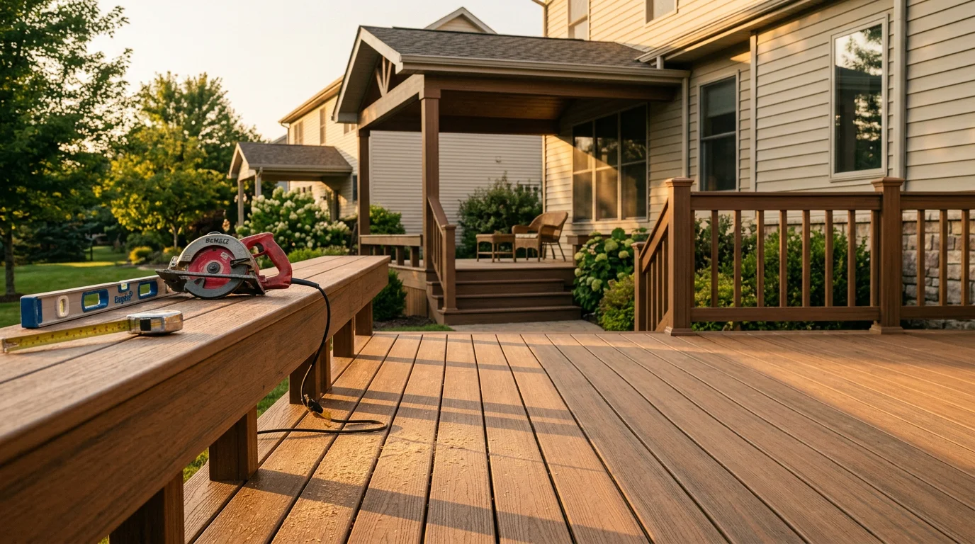 Custom composite deck with built-in seating overlooking backyard landscape