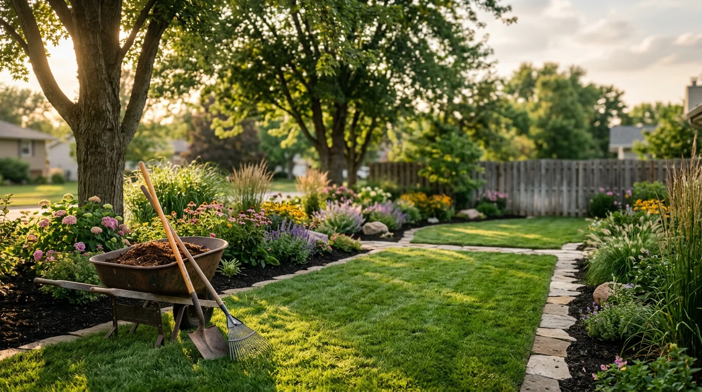 Professionally landscaped backyard with flowering plants, trees, and landscape lighting