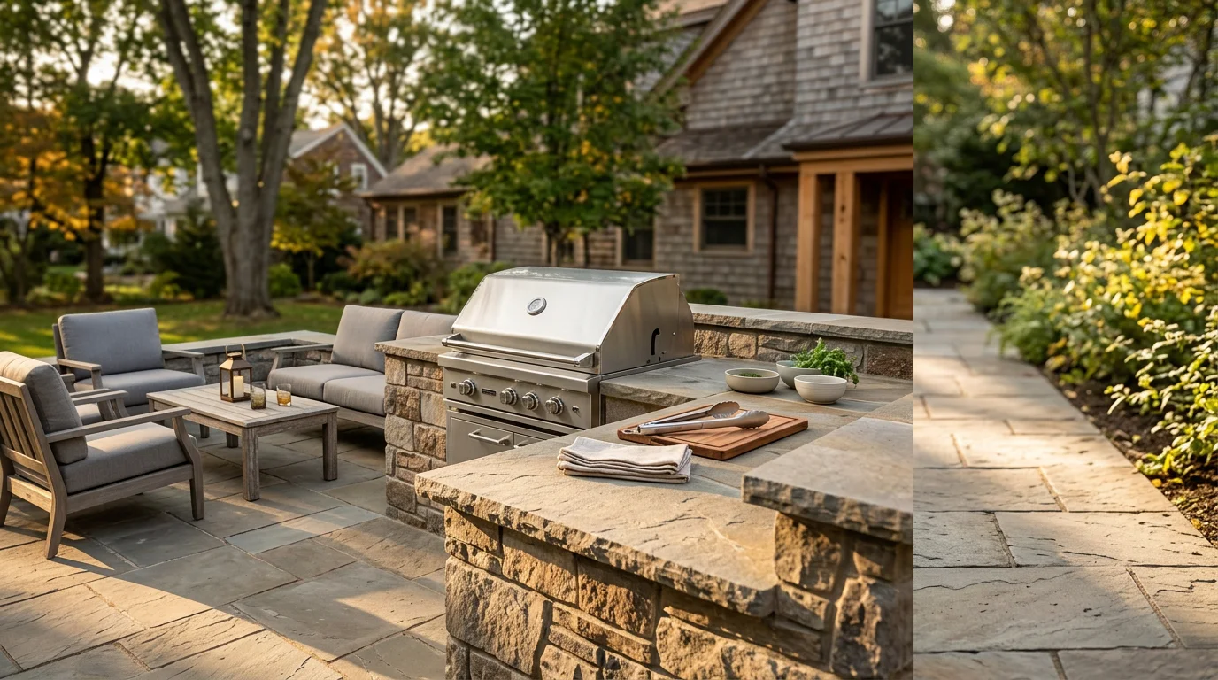 Modern outdoor living space with kitchen, seating area, and fire feature at dusk
