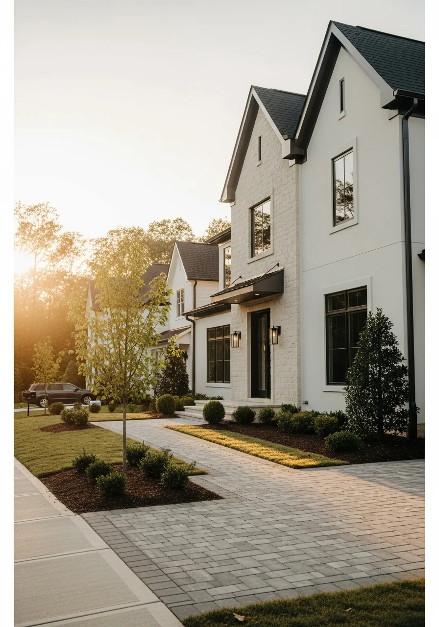 Front exterior of modern Alpharetta home with landscaping and driveway.