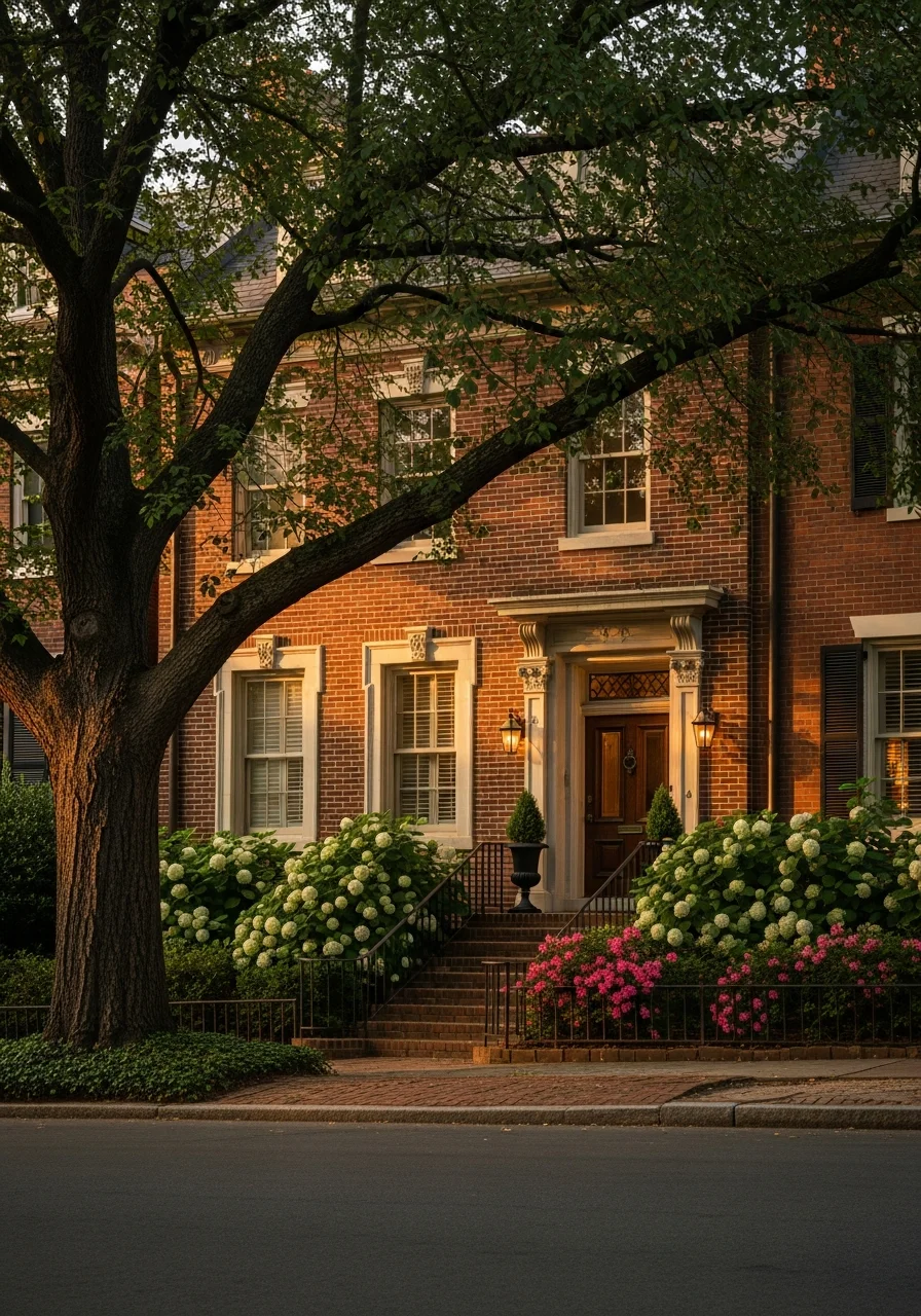 Close-up of Atlanta home exterior with mature trees and neighborhood street visible.