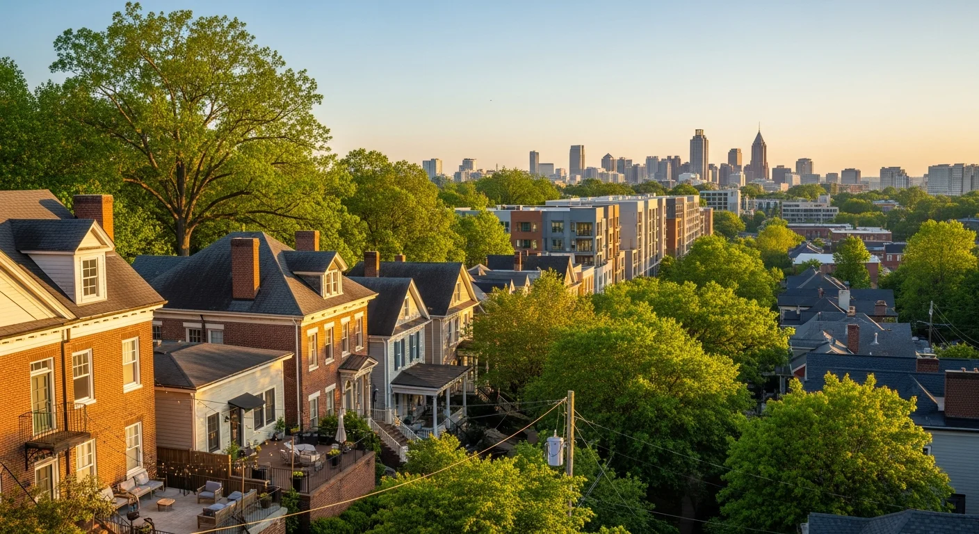 Wide shot of Atlanta skyline with residential neighborhoods in foreground, showing mix of historic and modern homes.
