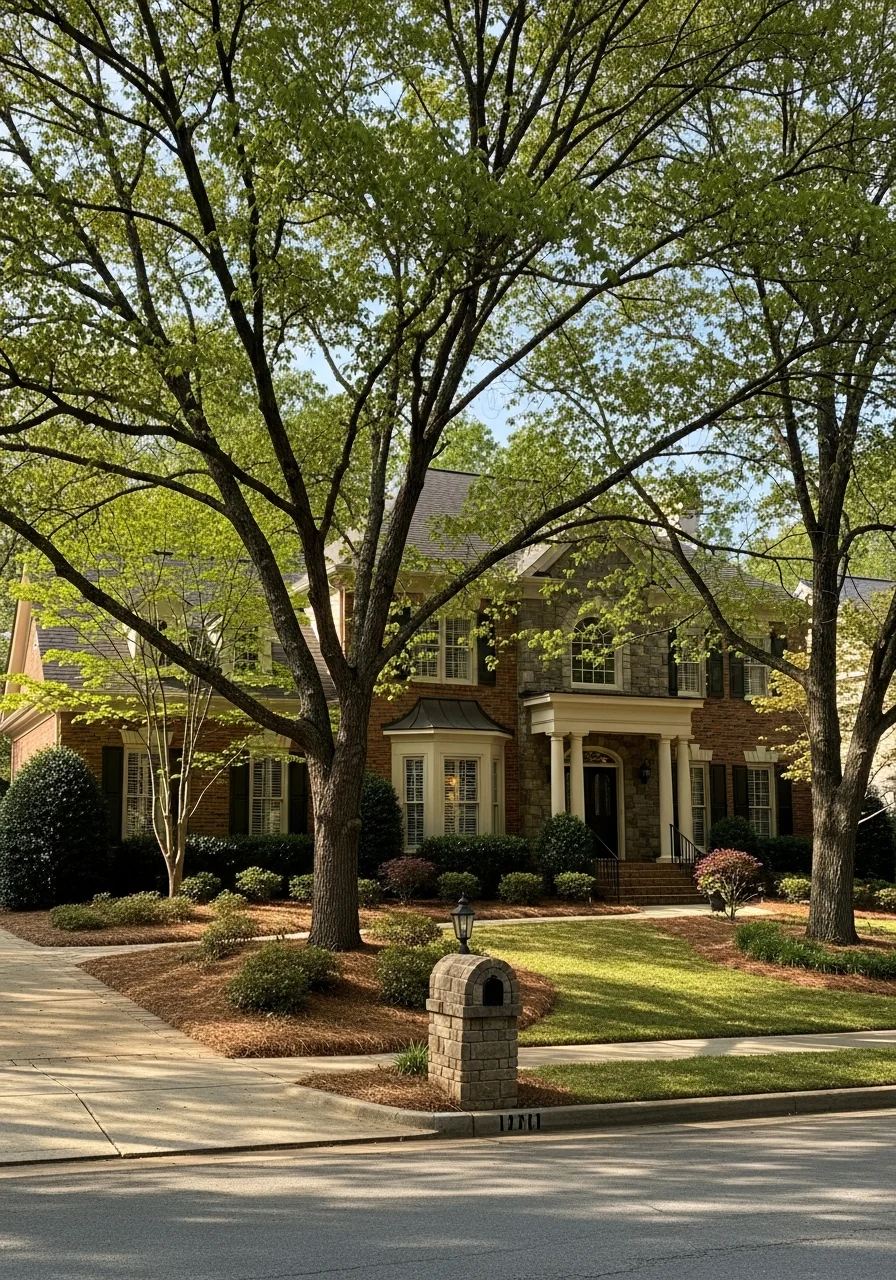 Roswell home exterior with mature landscaping and welcoming front entrance.
