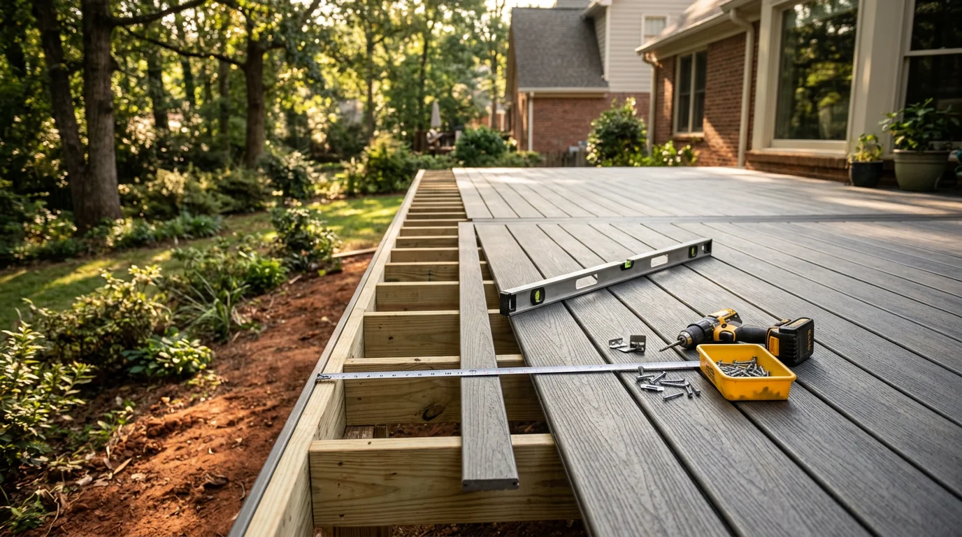 A finished composite deck built by J Goldsmith Design on a residential Atlanta property, showing a multi-board surface with clean rail lines and a backyard setting typical of intown Georgia homes.