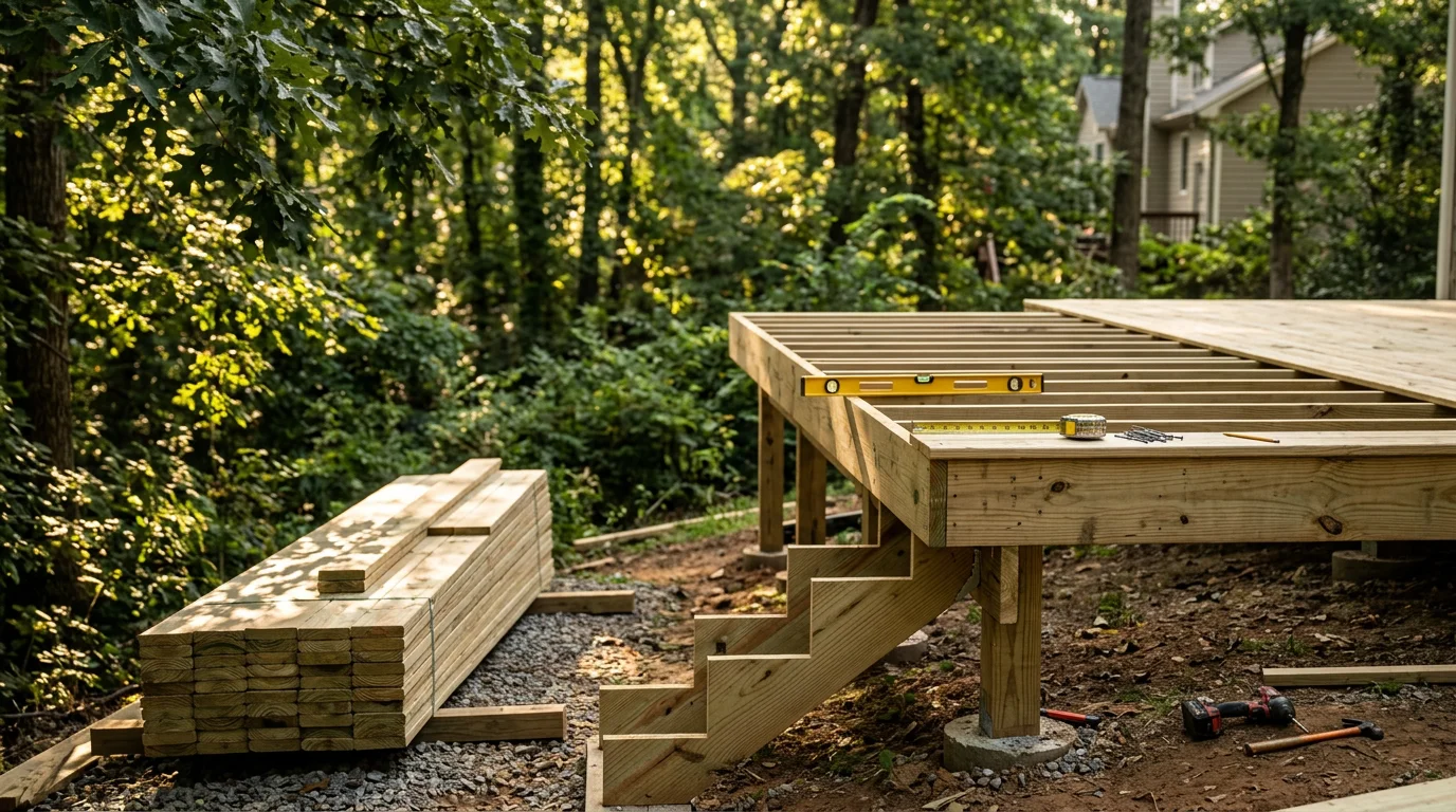 A custom multi-level deck designed by J Goldsmith Design on a sloped Atlanta residential property, featuring clean railing lines and a shaded lower platform surrounded by mature trees. The deck connects directly to the home's rear entry and steps down to a ground-level yard space.