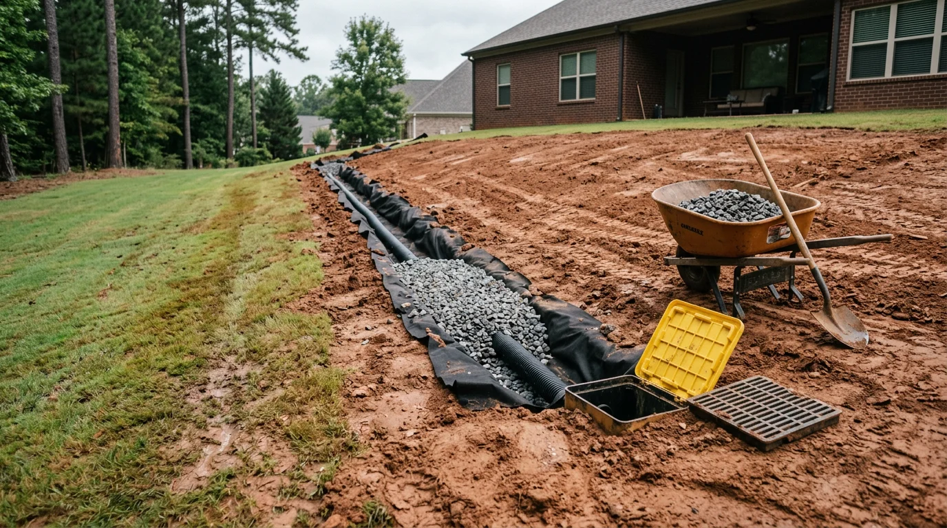 A regraded Atlanta backyard with a newly shaped swale directing water away from the home's foundation toward a landscaped drainage outlet. The lawn surface is level and dry following a grading and French drain installation as part of a backyard renovation project.