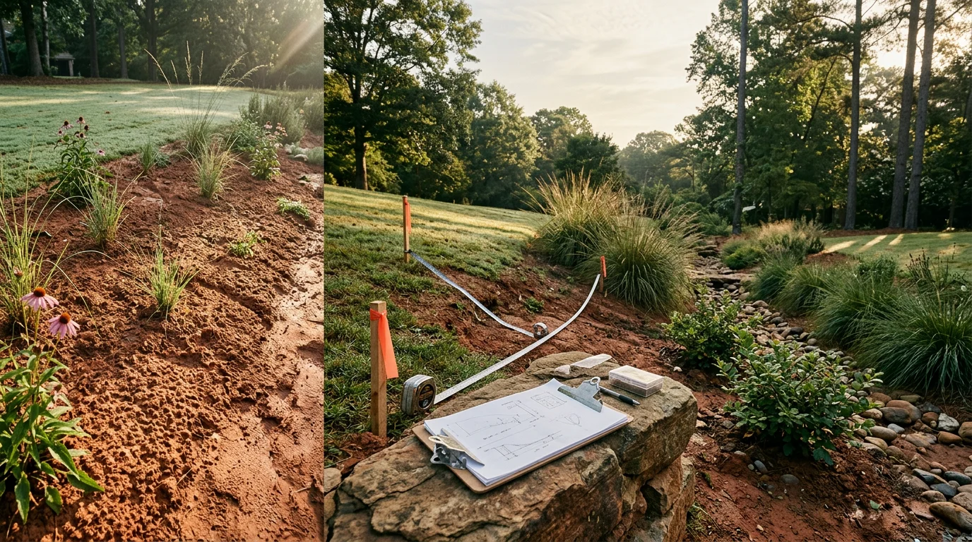 A finished residential landscape design in Atlanta, Georgia, showing defined planting beds with climate-adapted shrubs and groundcover along a sloped backyard. The design includes a stone pathway and layered plantings suited to Georgia's red clay soil and humid subtropical conditions.