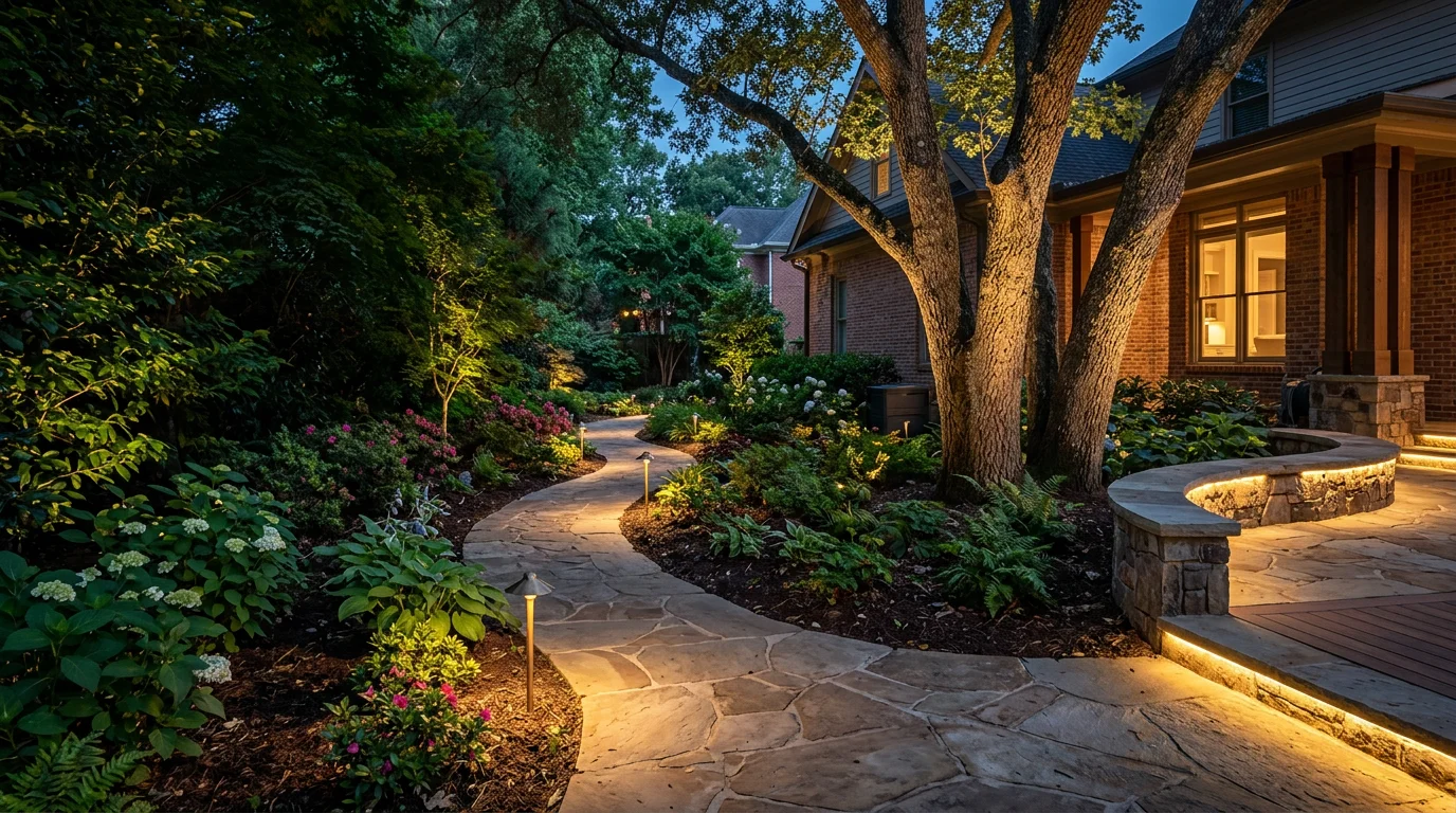 A two-story Atlanta home at night with warm LED uplighting on mature trees, path lights lining a brick walkway, and soft accent lighting across the front facade. The yard is dark beyond the lit zones, showing clear contrast between illuminated features and the surrounding landscape.