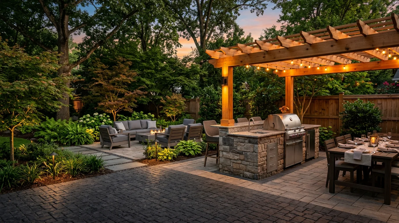 A custom outdoor entertainment space designed by J Goldsmith Design in Atlanta, featuring a shaded dining zone, a defined lounge area with a fire feature, and evening lighting across a paver patio. The layout reflects Atlanta's zone-based outdoor living approach with materials suited to the local climate.