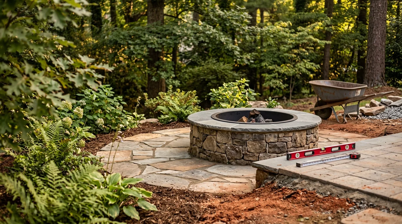 A custom outdoor fire pit built into a stone patio in an Atlanta backyard, surrounded by low-profile seating and mature landscaping. The fire feature serves as the central gathering point of a multi-zone outdoor living space.