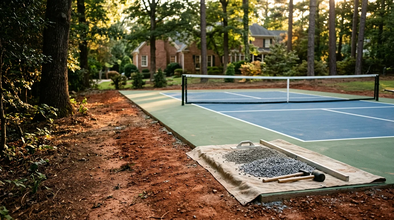 A custom multi-sport backyard court installed by J Goldsmith Design on a residential Atlanta property, showing clearly marked game lines on a level, well-drained surface surrounded by mature Georgia landscaping. The court is sized to fit the lot and designed for year-round outdoor play.