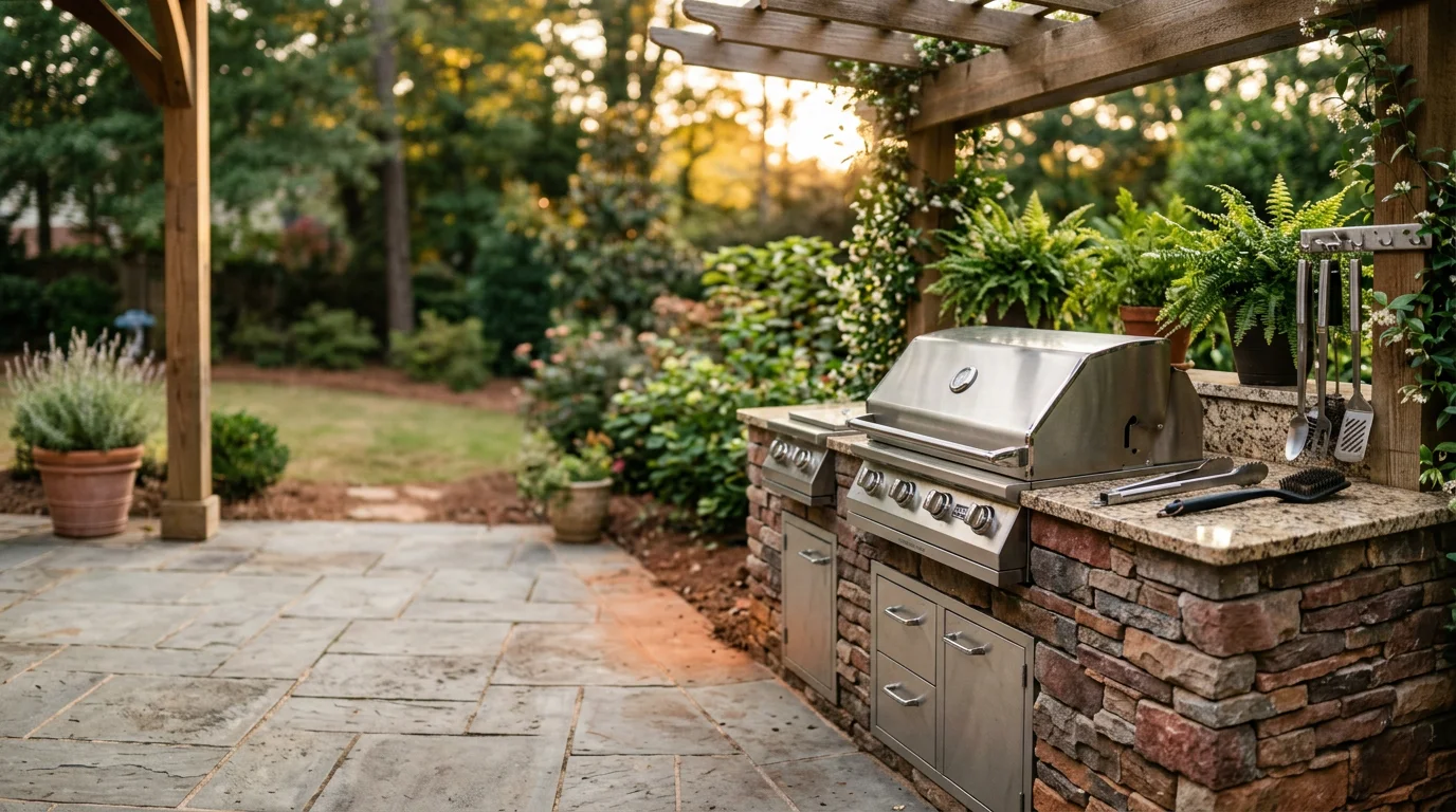 A custom outdoor kitchen built by J Goldsmith Design on an Atlanta residential property, featuring a covered cooking station with stone base, countertop prep space, and integrated seating area on a paver patio. The structure is designed to handle Georgia's humid subtropical climate with weather-resistant finishes throughout.