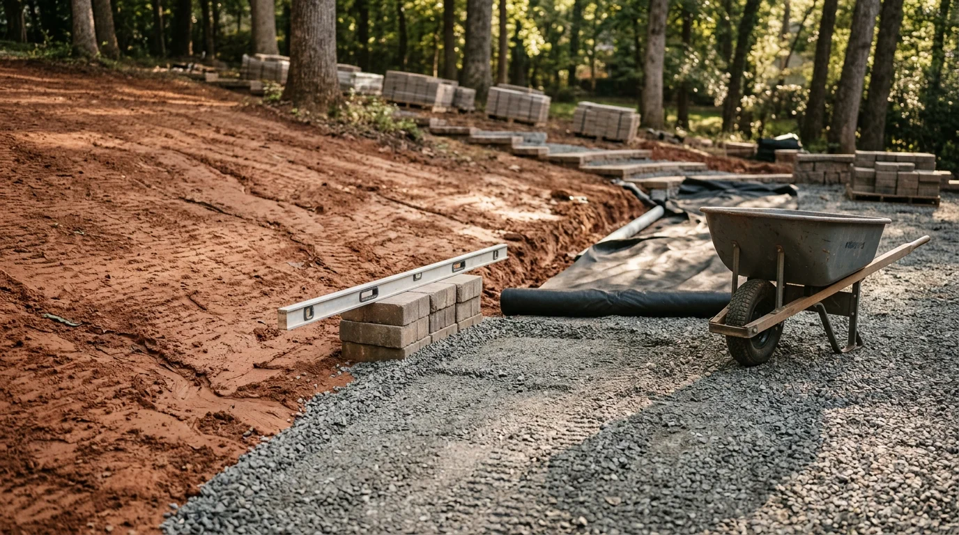 Completed patio and hardscape installation in an Atlanta backyard, showing a stone paver surface with a retaining wall on a sloped lot. The finished space includes defined seating areas and walkways connected to the home's rear exterior.