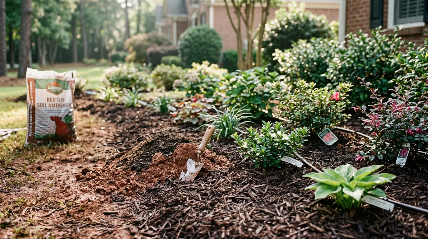 Freshly installed planting beds with mulched borders and layered shrubs and perennials in front of an Atlanta residential property. The landscape shows a mix of heat-tolerant plants suited to Georgia's humid subtropical climate, set against a well-maintained lawn.