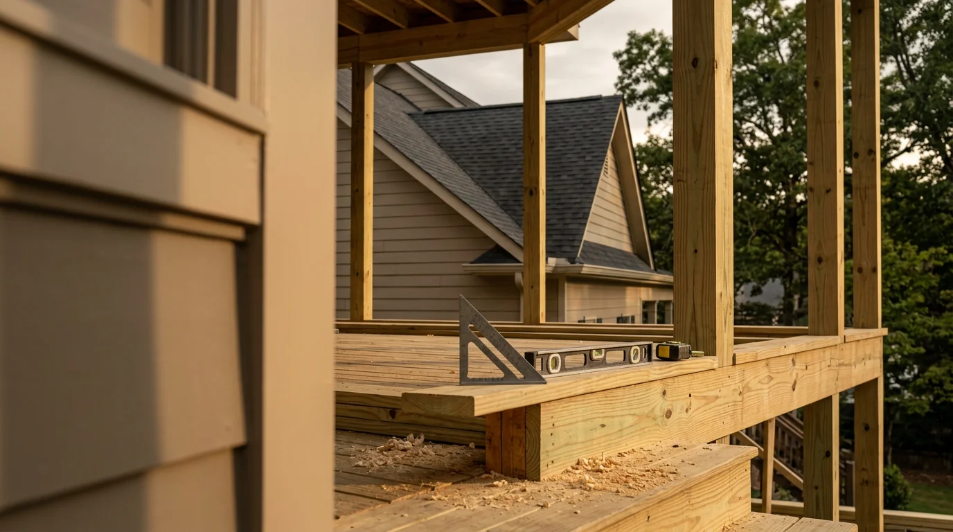A custom covered porch built by J Goldsmith Design on an Atlanta residential home, featuring a gabled roof, painted columns, and a screened enclosure that matches the home's exterior trim and roofline.
