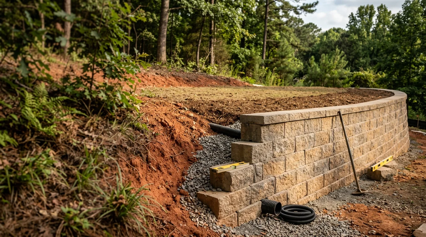 A newly installed retaining wall in an Atlanta backyard, holding back a sloped hillside and creating a level lawn area below. The wall runs along the base of a clay-soil slope with visible grading work and fresh landscaping on the upper terrace.