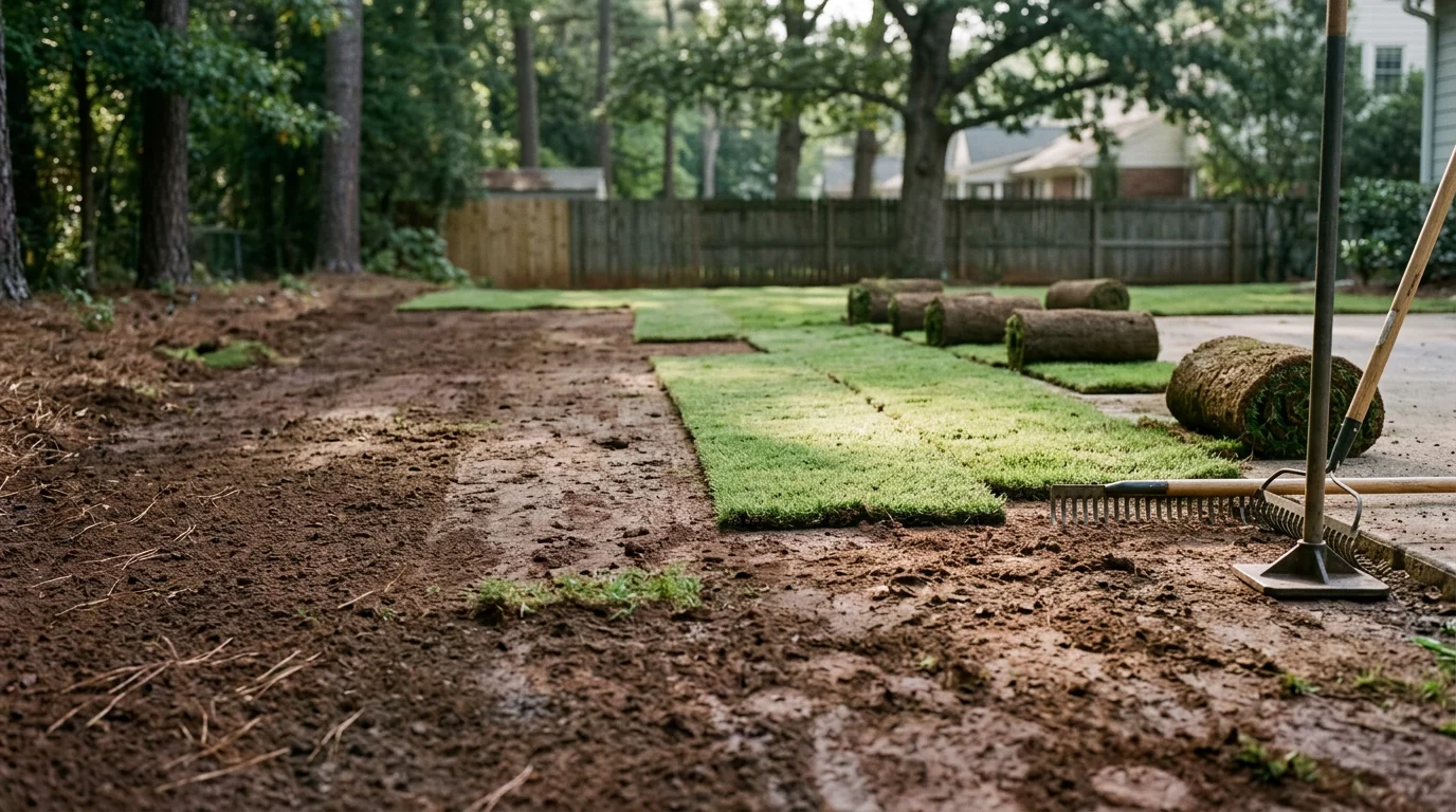A freshly installed warm-season sod lawn in an Atlanta residential backyard, showing clean edges and uniform green coverage across a clay-soil yard. A separate section of the yard features synthetic turf installed along a shaded side area near a wooden fence.