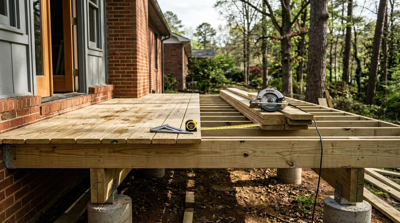 A custom wood deck built by J Goldsmith Design attached to the back of an Atlanta home, featuring multi-level framing over a sloped backyard. Natural wood boards and open railing detail shown in a residential Atlanta setting.